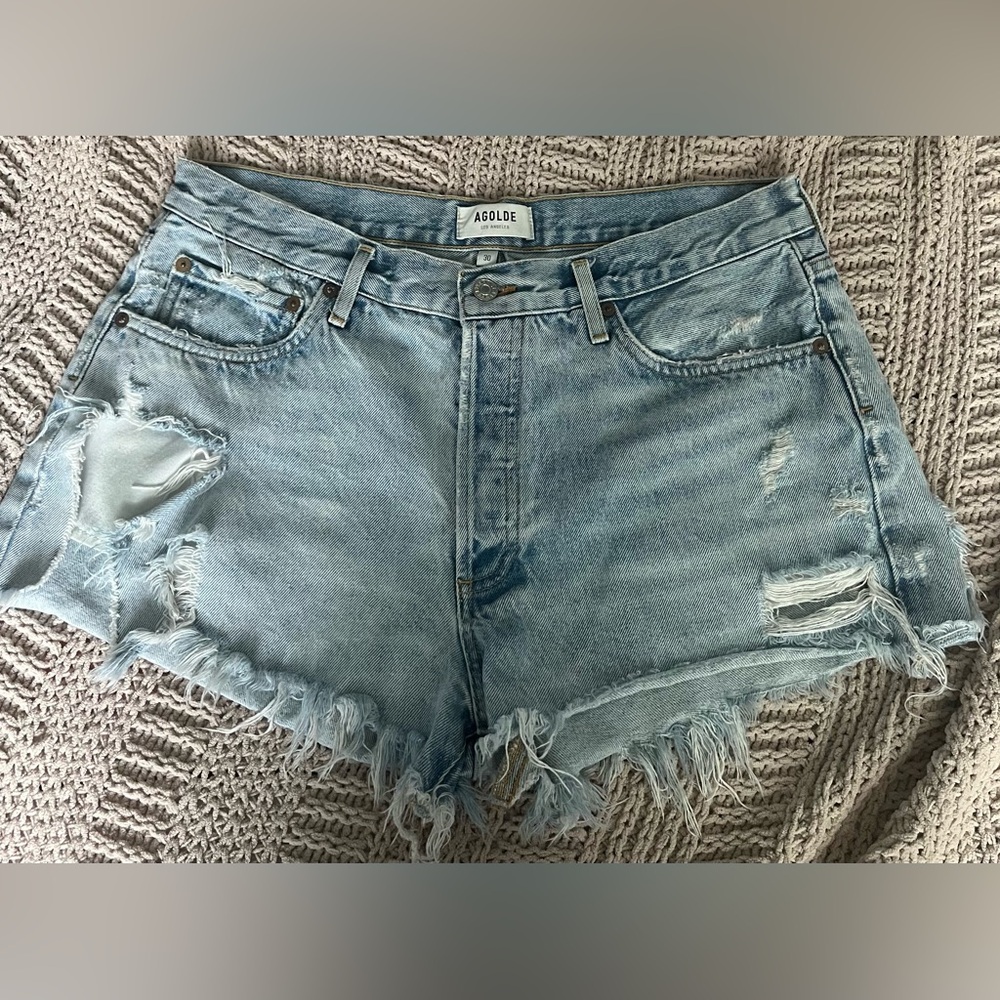 Agolde Parker Denim Shorts Button Fly High Rise Distressed Cut Off Size 30